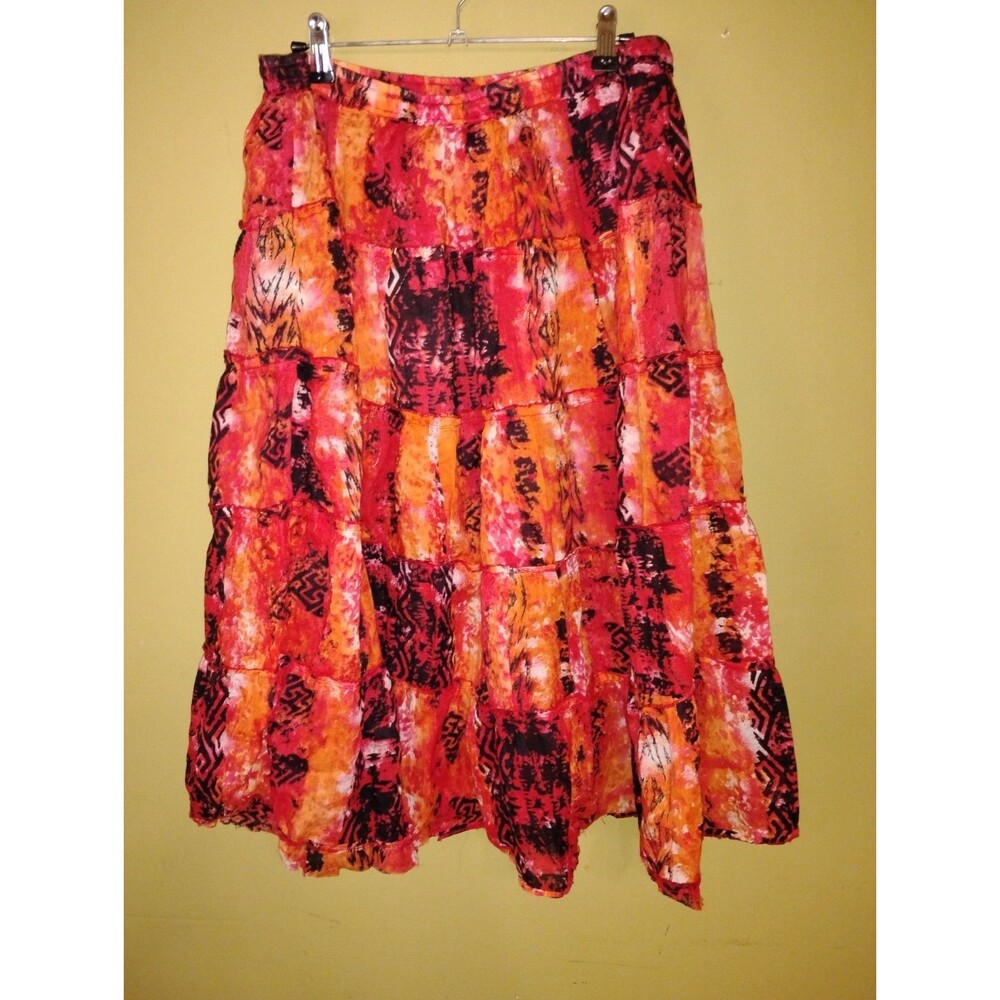 Jane Ashley Petite Red Orange Black Tribal Abstract Tiered Cotton Maxi Skirt S